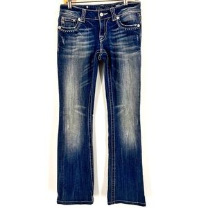 Miss Me Women’s Distressed Flap Pocket Bootcut Low Rise Thick Stitch Jeans SZ 27